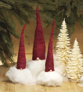 Red Capped Tomten and Hand-Whittled Wooden Christmas Trees
